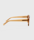 Marlowe bold flat-top square sunglasses in transparent honey brown with amber brown lenses, side view