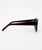 Marlowe bold flat-top square sunglasses in burgundy red with green lenses, side view