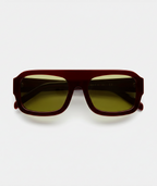 Marlowe bold flat-top square sunglasses in burgundy red with green lenses, front view