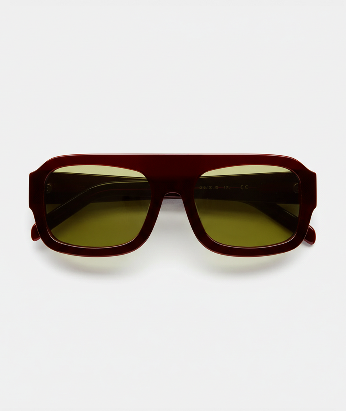 Marlowe bold flat-top square sunglasses in burgundy red with green lenses, front view